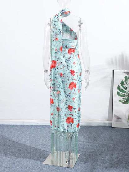 Vestidos elegantes de una pieza para mujer, sin mangas, con cuello tipo bufanda, espalda descubierta, estampado y borlas.