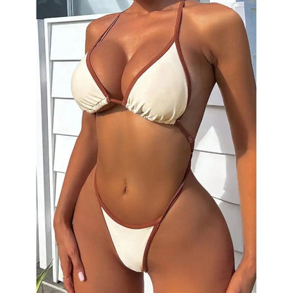 Traje de baño de una pieza con cuello halter y ribete en contraste para mujer, traje de baño sexy para playa de verano
