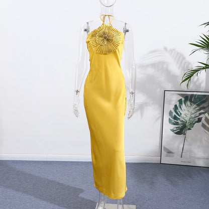 Elegante vestido de fiesta para mujer, con flores 3D, estilo halter, sin mangas, espalda descubierta, de satén estilo sirena, para mujer, verano 2025, elegante vestido de noche para mujer.