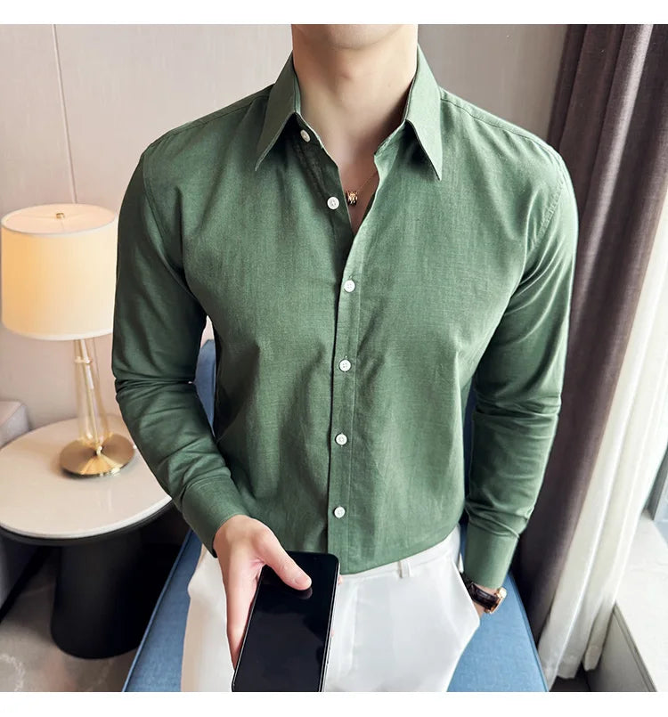 Camisa de hombre de color liso de alta calidad, 55 % algodón y 45 % lino, transpirable y con absorción de sudor, de manga larga. Tallas M-4XL.