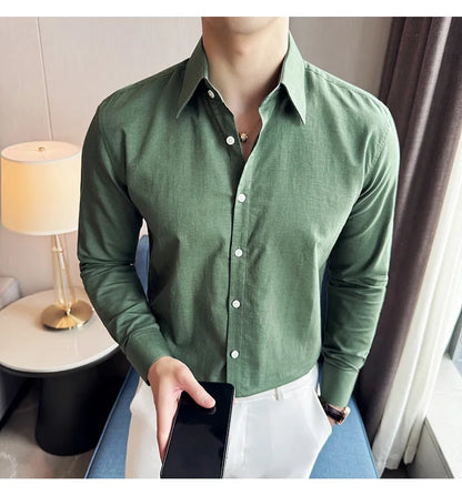 Camisa de hombre de color liso de alta calidad, 55 % algodón y 45 % lino, transpirable y con absorción de sudor, de manga larga. Tallas M-4XL.