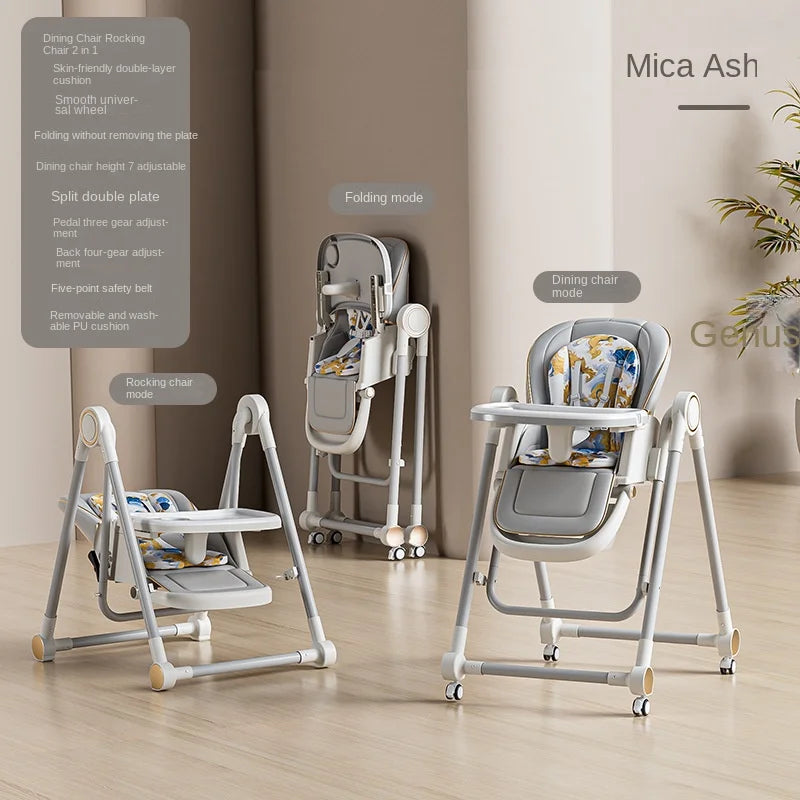 Silla de comedor multifunción para niños, ajustable, 2 en 1, con rueda cardán suave, plegable, reclinable, trona para bebé