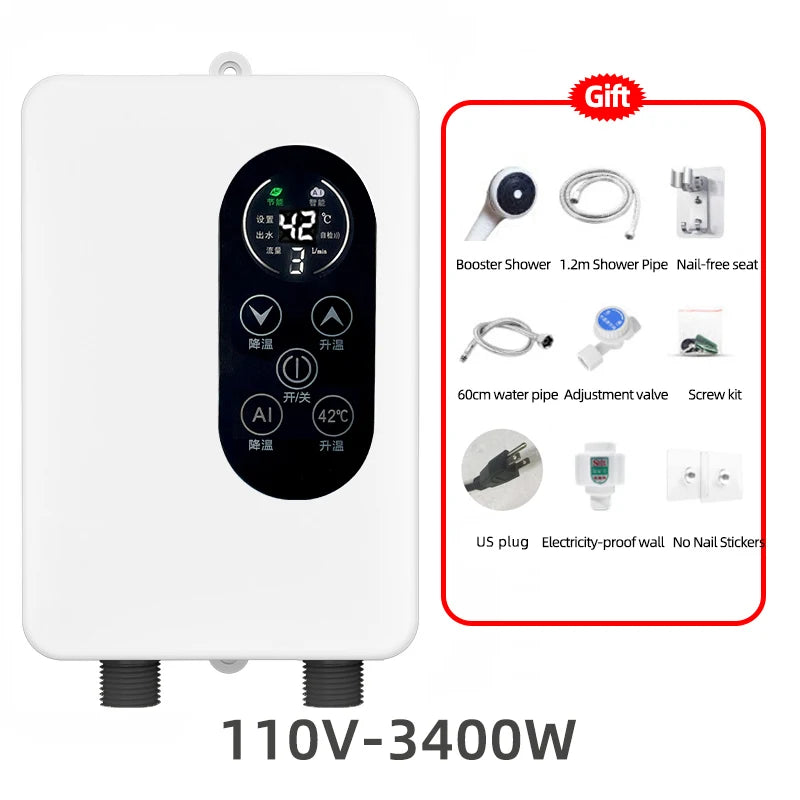 Calentador de agua instantáneo inteligente de pared con ducha eléctrica sin tanque y calentamiento rápido. Termostato para baño y cocina. 110V/220V