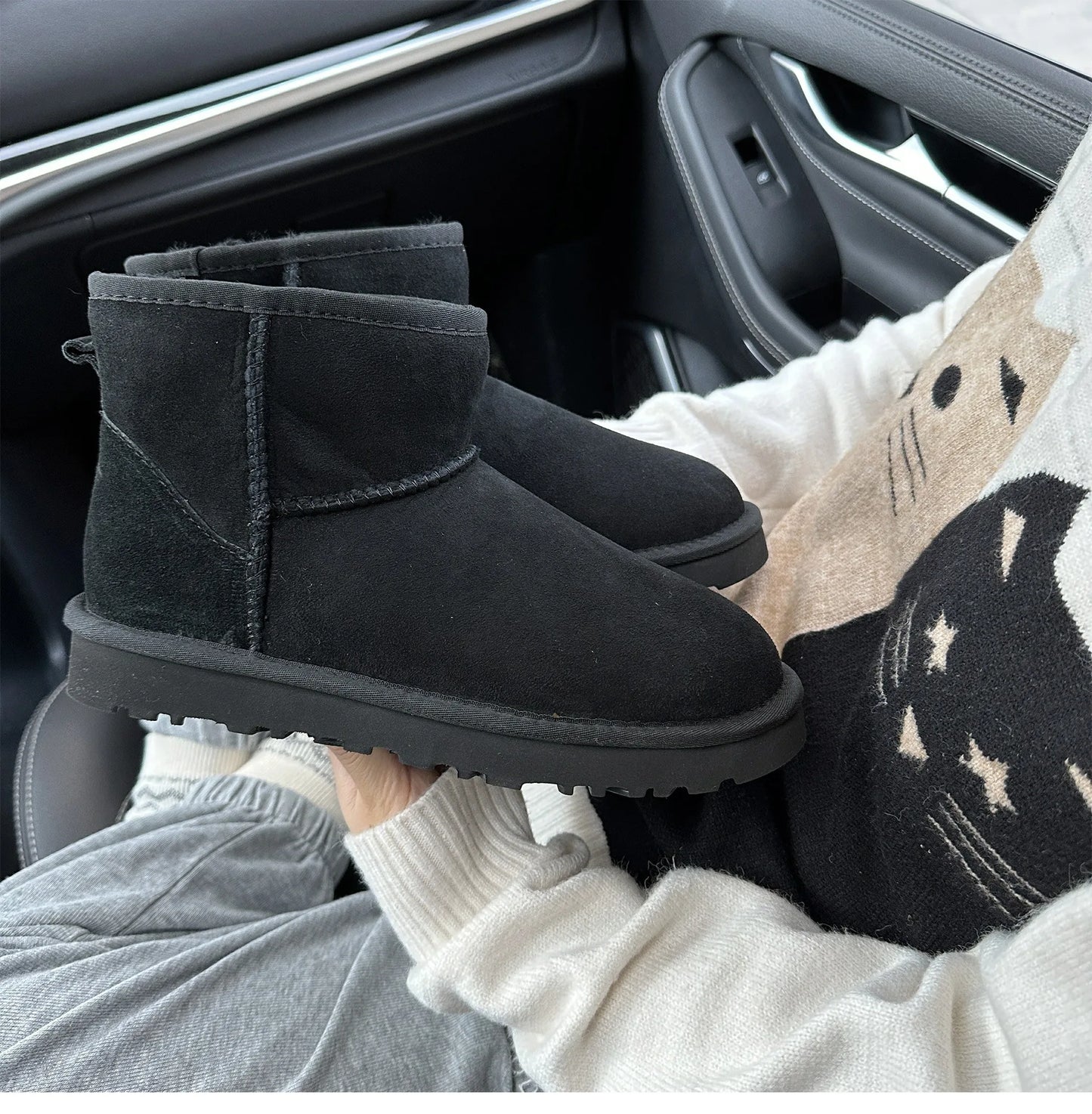 Botas de nieve integradas de piel de oveja y lana para hombres y mujeres, cuero auténtico y piel, botas de invierno gruesas y cálidas para mujer.