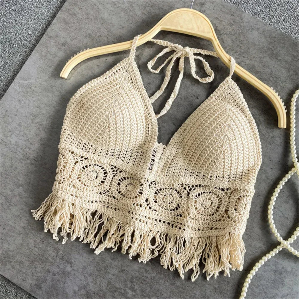 Ropa interior estilo bohemio para mujer, con flecos, espalda descubierta, cuello halter, lazo, bordado, tirantes con borlas, chaleco corto sin mangas