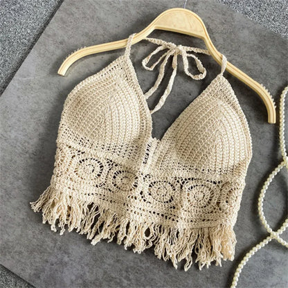 Ropa interior estilo bohemio para mujer, con flecos, espalda descubierta, cuello halter, lazo, bordado, tirantes con borlas, chaleco corto sin mangas