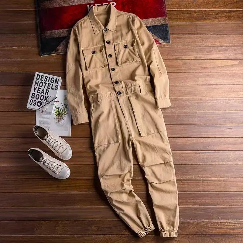 Spring Overalls Men's Jumpsuit Loose Long Sleeve Cotton Cargo Pants Black Yellow Workwear Trousers Working Uniform Rompers