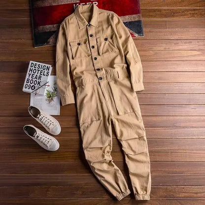 Spring Overalls Men's Jumpsuit Loose Long Sleeve Cotton Cargo Pants Black Yellow Workwear Trousers Working Uniform Rompers