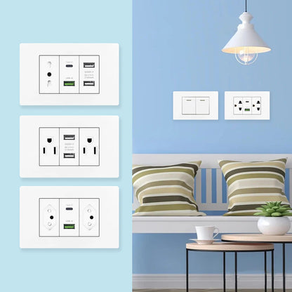 Enchufe de pared USB inteligente tipo C de 20 W con carga rápida para Italia, Chile y México; panel de interruptor de luz eléctrico de Brasil con toma USB-C universal.