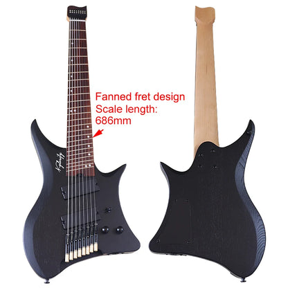 Guitarra eléctrica sin pala de 8 cuerdas con trastes en abanico, cuerpo de fresno macizo de 30 pulgadas, mástil de arce