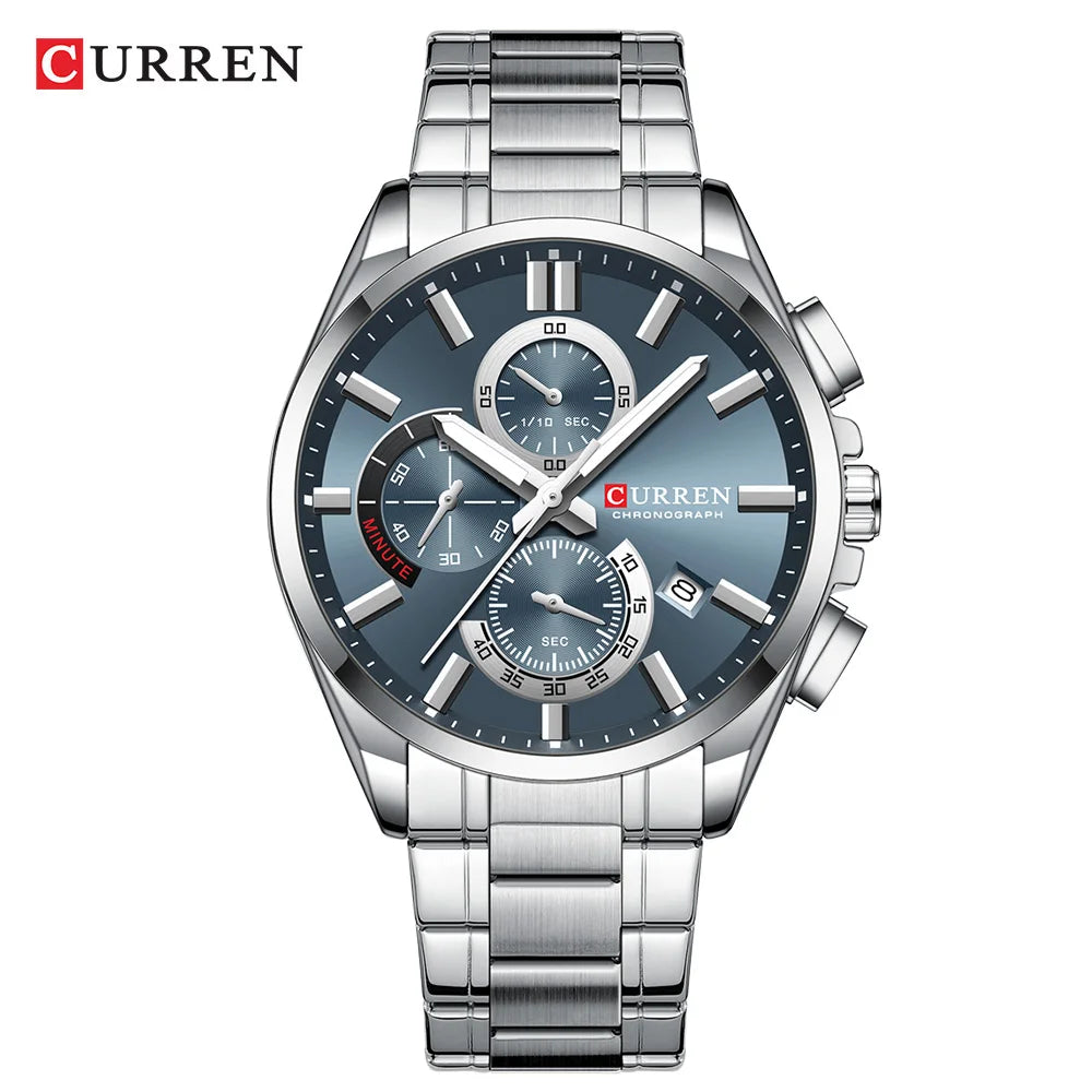 CURREN - Reloj cronógrafo de acero inoxidable para hombre con manecillas luminosas, tres subesferas, fecha automática, diseño moderno, de cuarzo