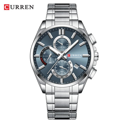 CURREN - Reloj cronógrafo de acero inoxidable para hombre con manecillas luminosas, tres subesferas, fecha automática, diseño moderno, de cuarzo