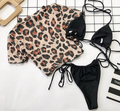 Conjunto de bikini sexy de 3 piezas para mujer, traje de baño de manga corta con estampado de leopardo, estilo tanga de playa 2024