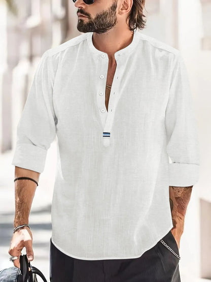 Camisas nuevas de algodón y lino para hombre, camisas casuales, de color liso, ligeras, de manga larga, estilo Henley, playeras, camisetas hawaianas para hombre.