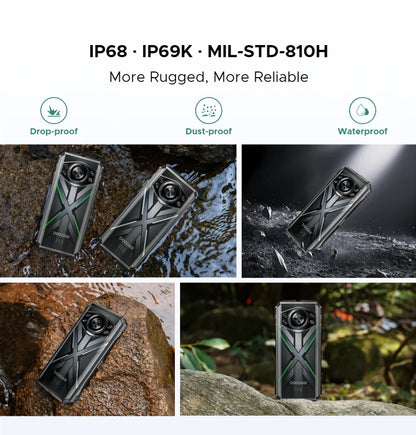 Teléfono resistente DOOGEE S Cyber ​​Pro, 12 GB de RAM, 512 GB de almacenamiento, procesador Helio G100, pantalla IPS FHD+ de 6,6" y 120 Hz, batería de gran capacidad de 10800 mAh, carga de 33 W y NFC.