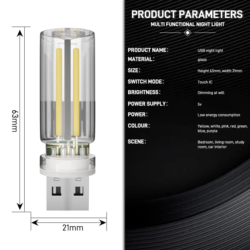 Luz de ambiente para coche, luz nocturna USB, atenuación táctil, lámpara LED de filamento incandescente, bombilla, iluminación de emergencia, lámpara ambiental Plug &amp; Play.