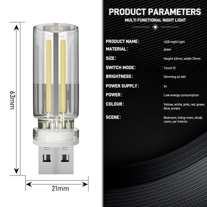 Luz de ambiente para coche, luz nocturna USB, atenuación táctil, lámpara LED de filamento incandescente, bombilla, iluminación de emergencia, lámpara ambiental Plug &amp; Play.