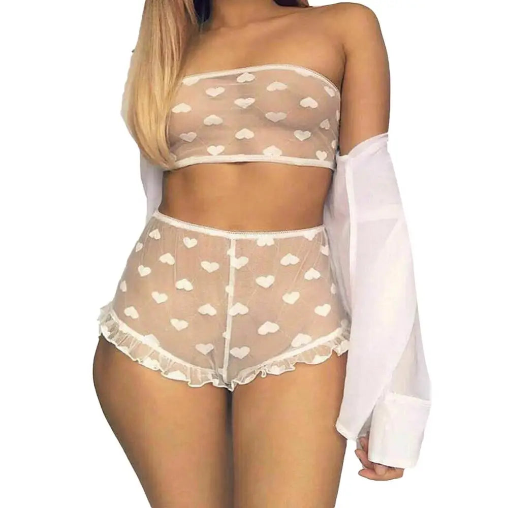 Conjunto de ropa interior erótica para mujer, top de tubo con estampado de corazones transparente, microshorts de encaje, lencería sin entrepierna, body sexy de encaje tipo babydoll.