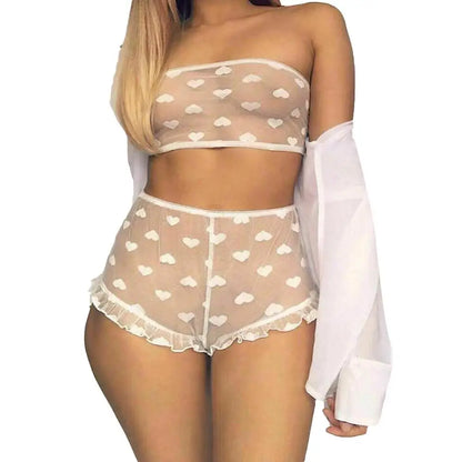 Conjunto de ropa interior erótica para mujer, top de tubo con estampado de corazones transparente, microshorts de encaje, lencería sin entrepierna, body sexy de encaje tipo babydoll.