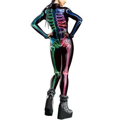 [You're My Secret] Halloween Cosplay Costume for Women Adults Skeleton 3D Printed Cyberpunk Zipper Bodysuit Party Fancy Dresses