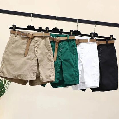 Pantalones cortos elegantes para mujer, con cinturón, botones lisos coreanos, aberturas laterales, estilo urbano, faldas de moda, pantalones holgados elegantes de verano Harajuku