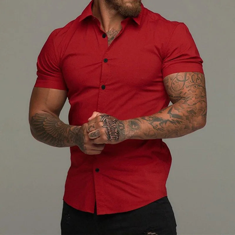 Camisas de vestir ajustadas para hombre, estilo casual de verano, con cuello vuelto, manga corta y botones LXDZ-110