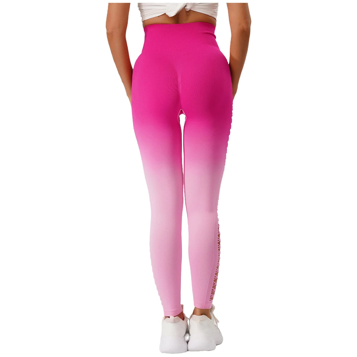 Womens Hip Tight Yoga Pants High Waist Side Hollowed-Out Mesh Design Exercise Yoga Leggings Running Gym Fitness