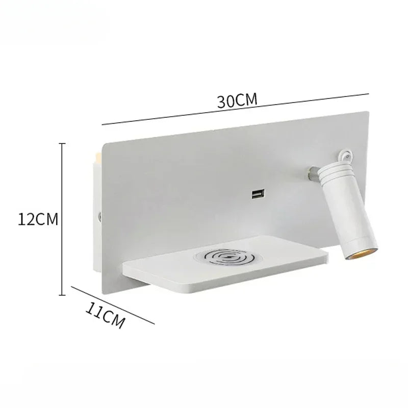 Lámpara de pared LED, luz de lectura, dormitorio, teléfono, carga inalámbrica, carga USB, luces de pared giratorias, lámpara de lado para sala de estar