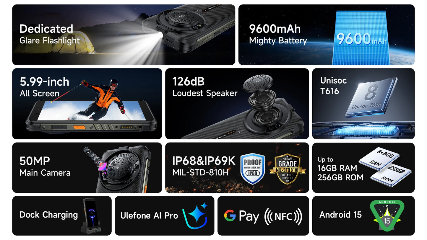 【Estreno mundial】Ulefone RugKing 4G Teléfono resistente Android 15 Hasta 16GB+256GB Smartphone resistente al agua 9600mAh NFC Versión global