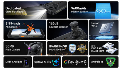 【Estreno mundial】Ulefone RugKing 4G Teléfono resistente Android 15 Hasta 16GB+256GB Smartphone resistente al agua 9600mAh NFC Versión global