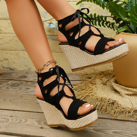 Sandalias de verano para mujer con tacón grueso, plataforma con boca de pez, suela de goma, estilo romano, talla grande, cómodas, con forro de PU