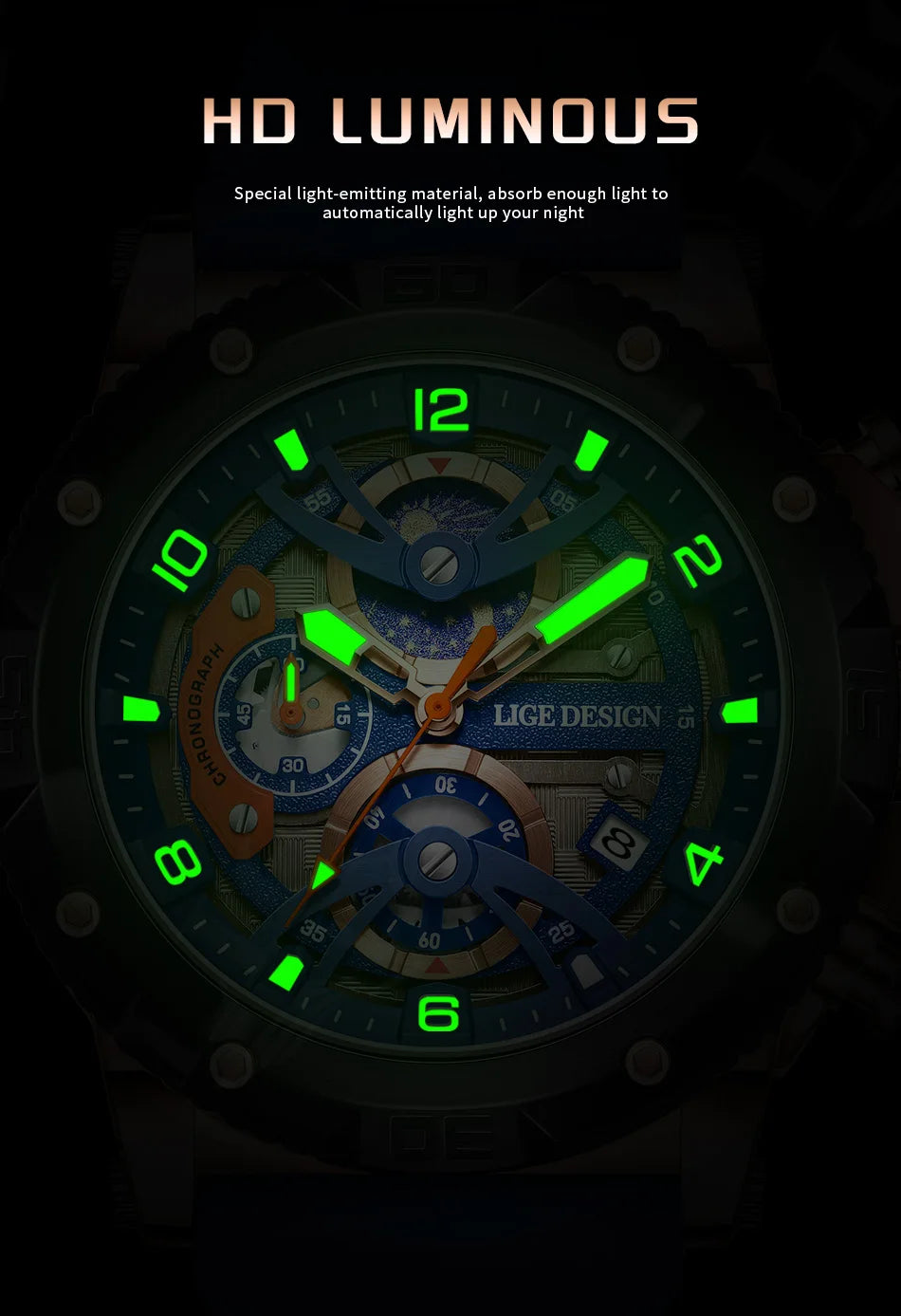 Reloj deportivo LIGE para hombre, de primera marca, de silicona, de lujo, con cronógrafo, esfera pequeña, función de cuarzo, resistente al agua, luminoso.