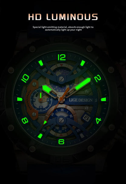 Reloj deportivo LIGE para hombre, de primera marca, de silicona, de lujo, con cronógrafo, esfera pequeña, función de cuarzo, resistente al agua, luminoso.