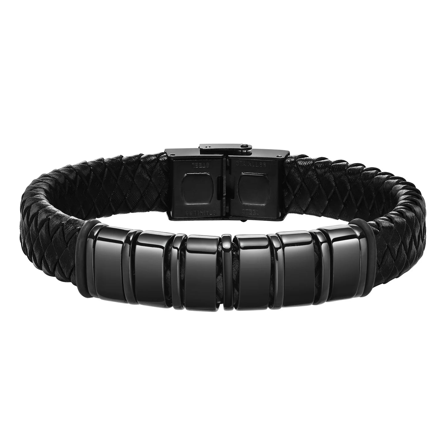 Pulseras trenzadas de cuentas personalizadas para hombre, de cuero, acero inoxidable, color negro y plateado, con nombre personalizado, regalo para un familiar.
