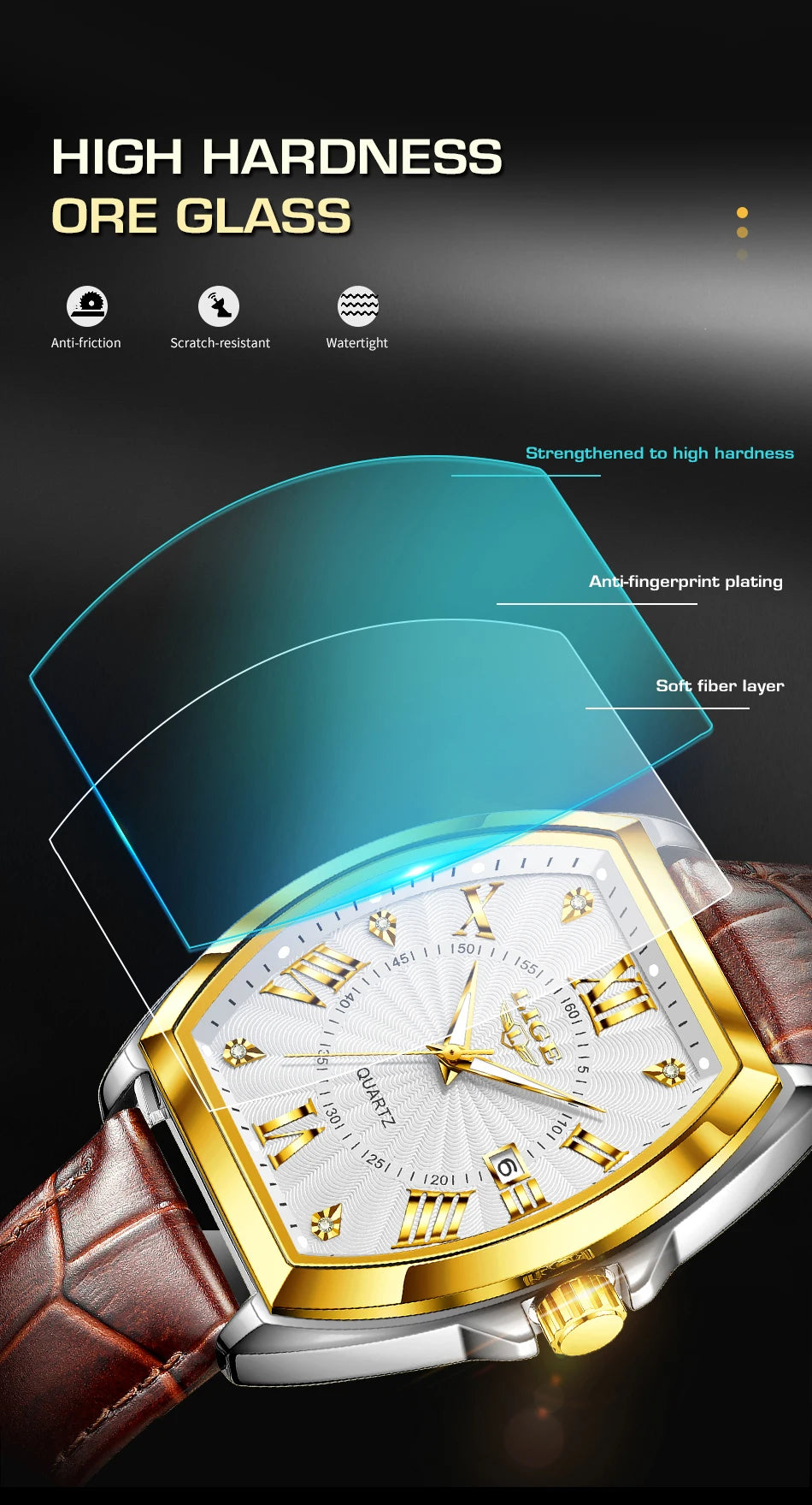 LIGE - Nuevos relojes militares para hombre, marca original de lujo, de cuero, de cuarzo, cronógrafo cuadrado resistente al agua