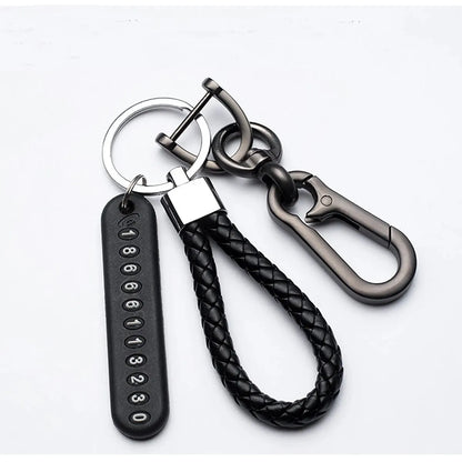 Llavero con colgante de placa de número de teléfono móvil DIY para hombre, estilo punk, cuerda de cuero tejida simple, antipérdida, accesorio para llavero de coche.