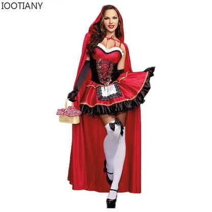 Women Little Red Riding Hood Costume Fancy Adult Halloween Cosplay Fantasia Carnival Fairy Tale Girl Dress+Cloak Women Party Set