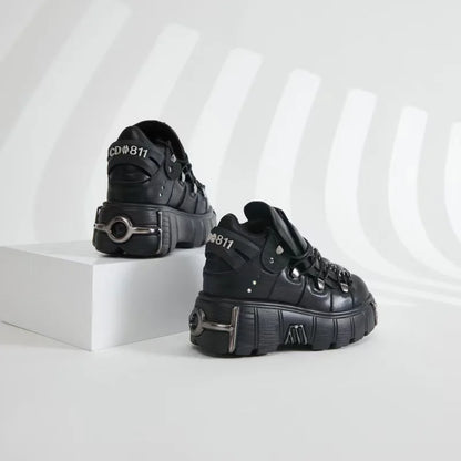 Zapatos de cuero estilo punk para mujer, con cordones, tacón de 6 cm de altura, plataforma, botines góticos para mujer, botas de motociclista de PU, zapatillas de suela gruesa