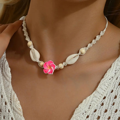Conjunto de pulsera y collar de conchas multicolores tejidas a mano, joyería de cerámica suave estilo vacaciones en la playa con diseño de flor de huevo bohemia