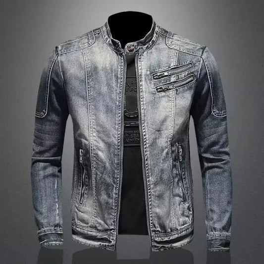 Chaqueta vaquera de motociclista moderna con cuello alto y solapa con cremallera, estilo deportivo vintage único para hombre, chaqueta informal de marca de moda.