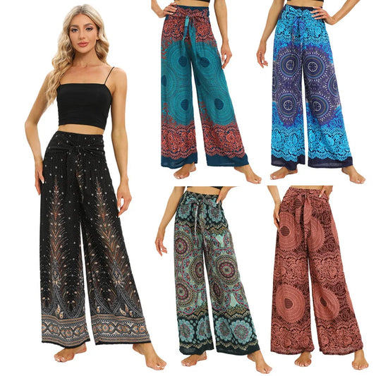 Pantalones de yoga boho para mujer, estilo vintage, estampado floral, de rayón, de pierna ancha y cintura alta elástica. Ropa de estar por casa o para estar en casa.