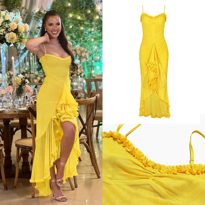 Vestidos de fiesta de malla irregular Suninheart 2024, nuevos modelos, vestido ajustado con tirantes finos, vestido largo fruncido de moda para mujer.