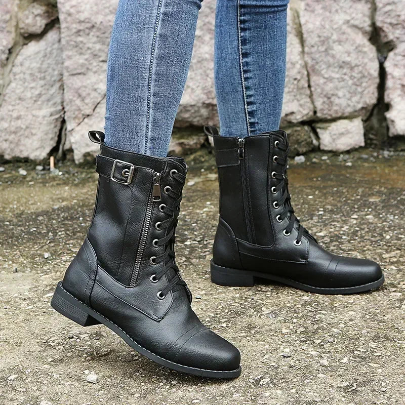 Botines de tacón cuadrado para mujer, botas de trabajo cortas de piel sintética para otoño e invierno, botas elásticas con cordones de talla grande para mujer 2024