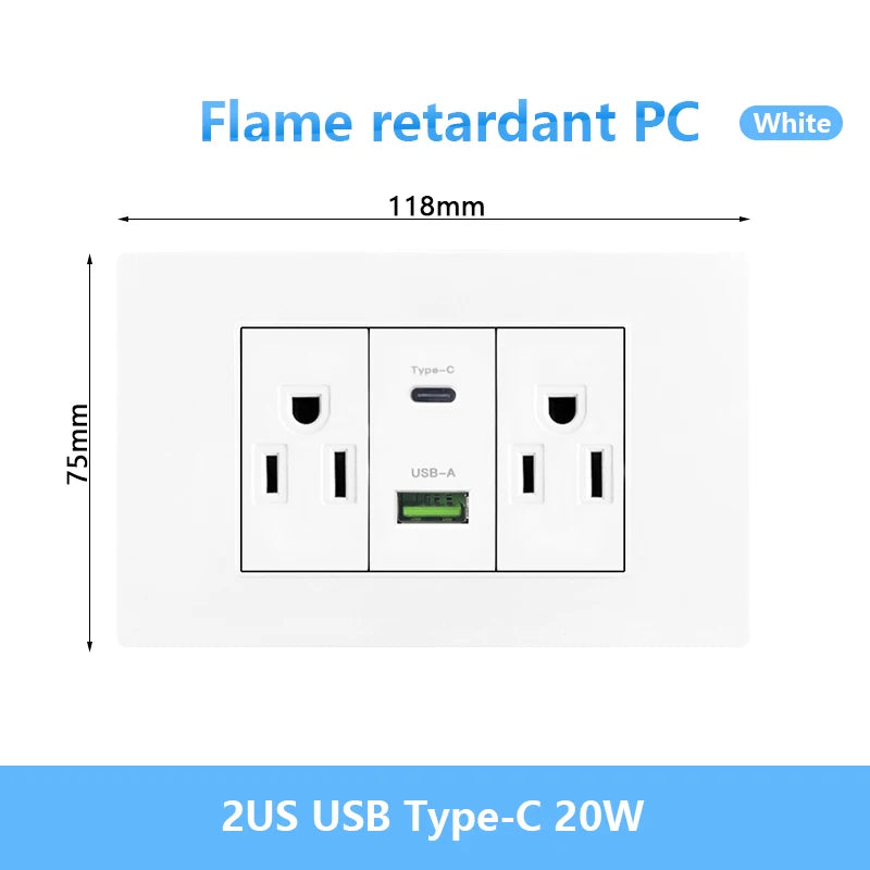 Enchufe de pared USB inteligente tipo C de 20 W con carga rápida para Italia, Chile y México; panel de interruptor de luz eléctrico de Brasil con toma USB-C universal.