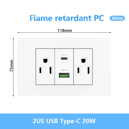Enchufe de pared USB inteligente tipo C de 20 W con carga rápida para Italia, Chile y México; panel de interruptor de luz eléctrico de Brasil con toma USB-C universal.