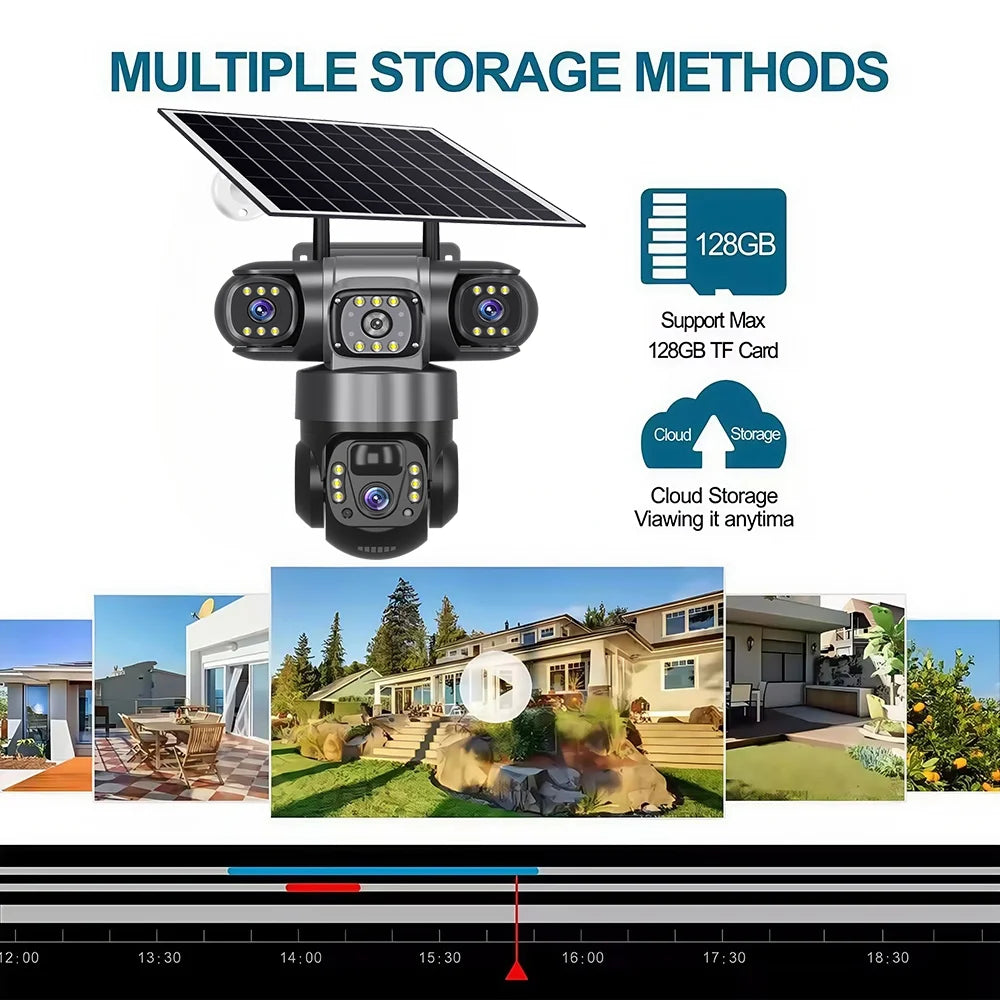 Cámara solar WiFi V380 Pro de 15 MP con 3 lentes, 3 pantallas, zoom 10x, detección de movimiento, resistente al agua, visión nocturna y protección CCTV.