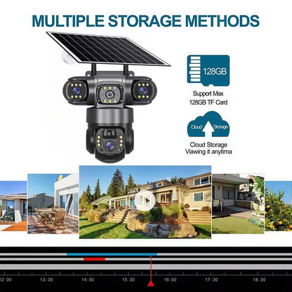 Cámara solar WiFi V380 Pro de 15 MP con 3 lentes, 3 pantallas, zoom 10x, detección de movimiento, resistente al agua, visión nocturna y protección CCTV.