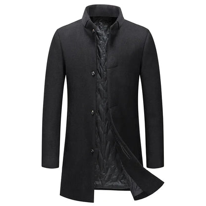 Black Men Wool Long Trench Coat Stylish Single Breasted Quilted Lined Wool Blend Pea Coats Men Winter Cashmere Coat Windbreaker