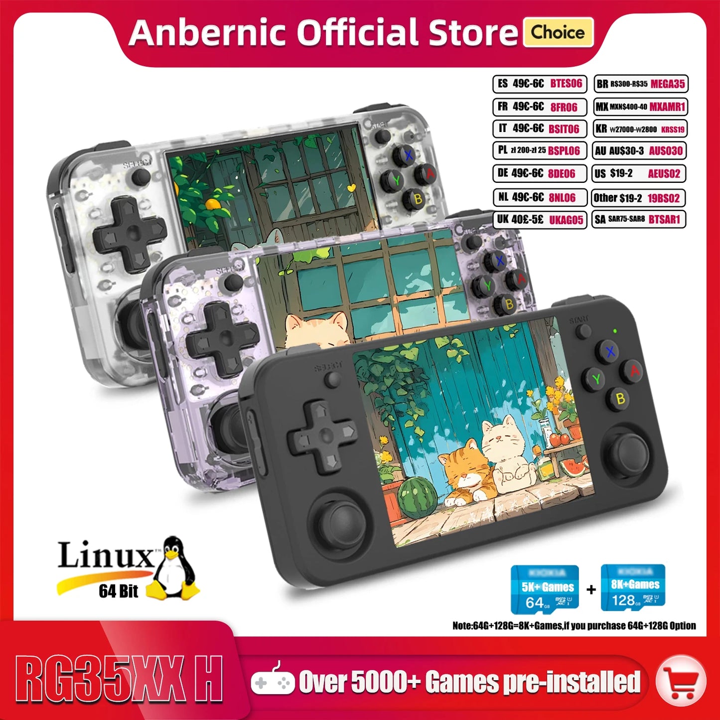 Consola portátil ANBERNIC RG35XX H para videojuegos, pantalla IPS de 3,5 pulgadas y 640 x 480, reproductor de juegos retro, 3300 mAh, más de 5000 juegos.