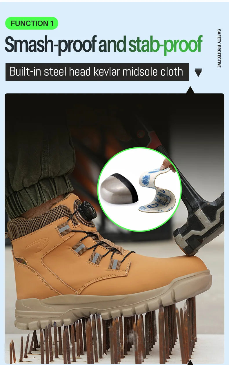 Zapatos de trabajo con botón giratorio para hombre, zapatillas de trabajo antiperforación, zapatos de seguridad de trabajo impermeables, botas tácticas con puntera de acero antideslizantes.